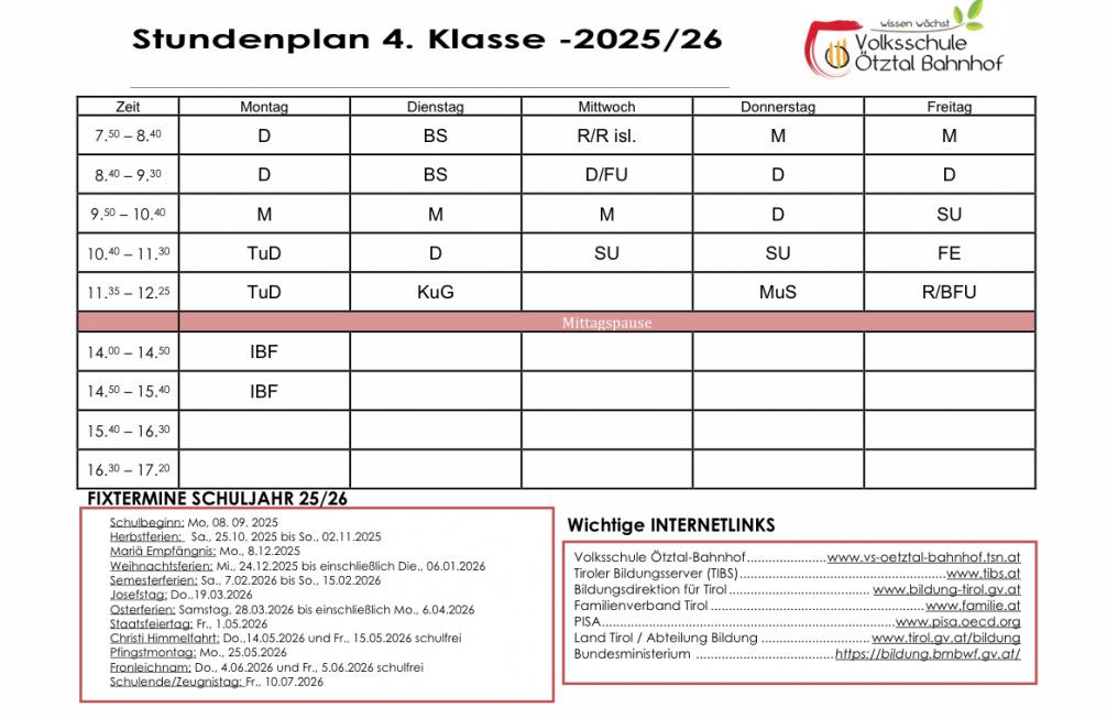 Stundenplan 4. Kl. Sj 25/26