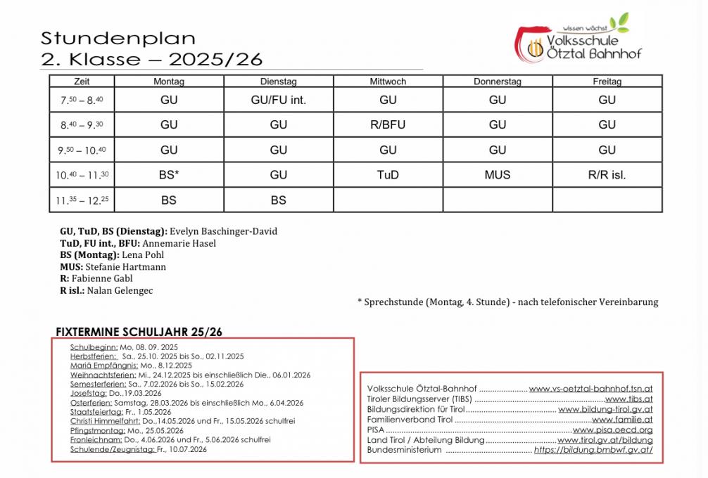 Stundenplan 2. Kl. Sj25/26