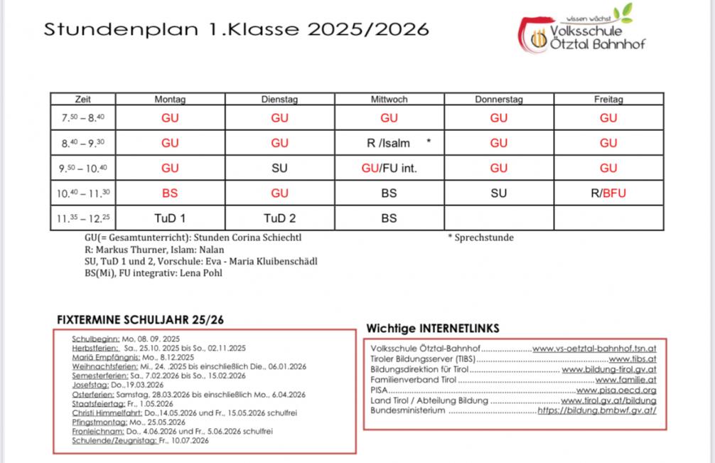 Stundenplan 1. Klasse Sj 25/26